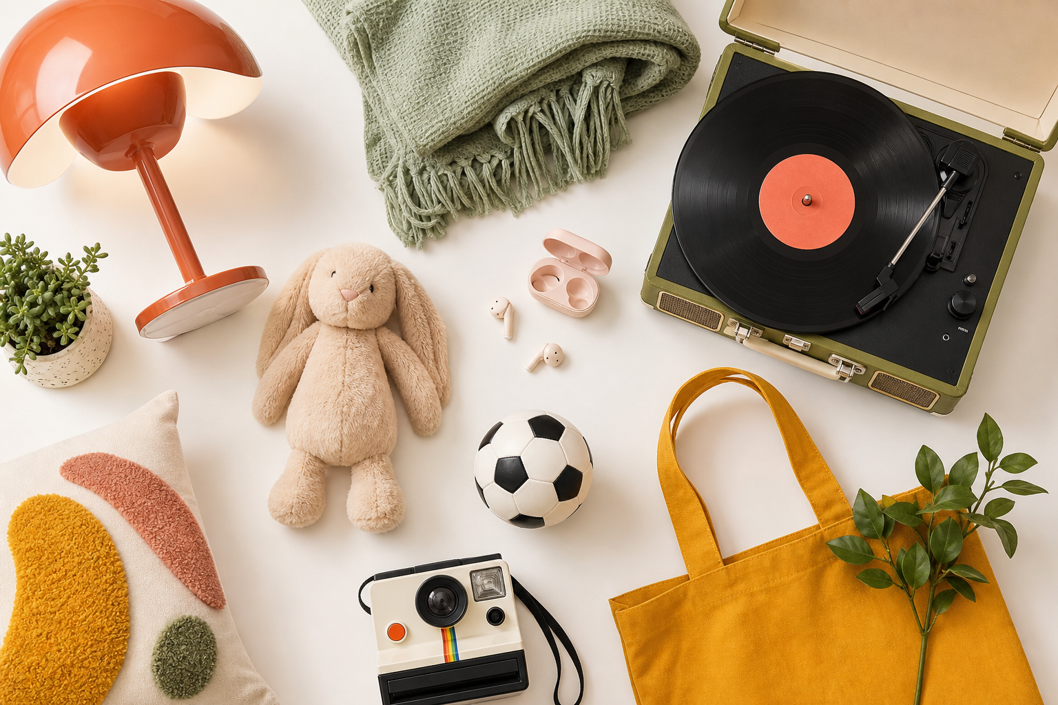 Artículos de hogar, deportes, niños y tecnología en un estilo minimalista y colorido