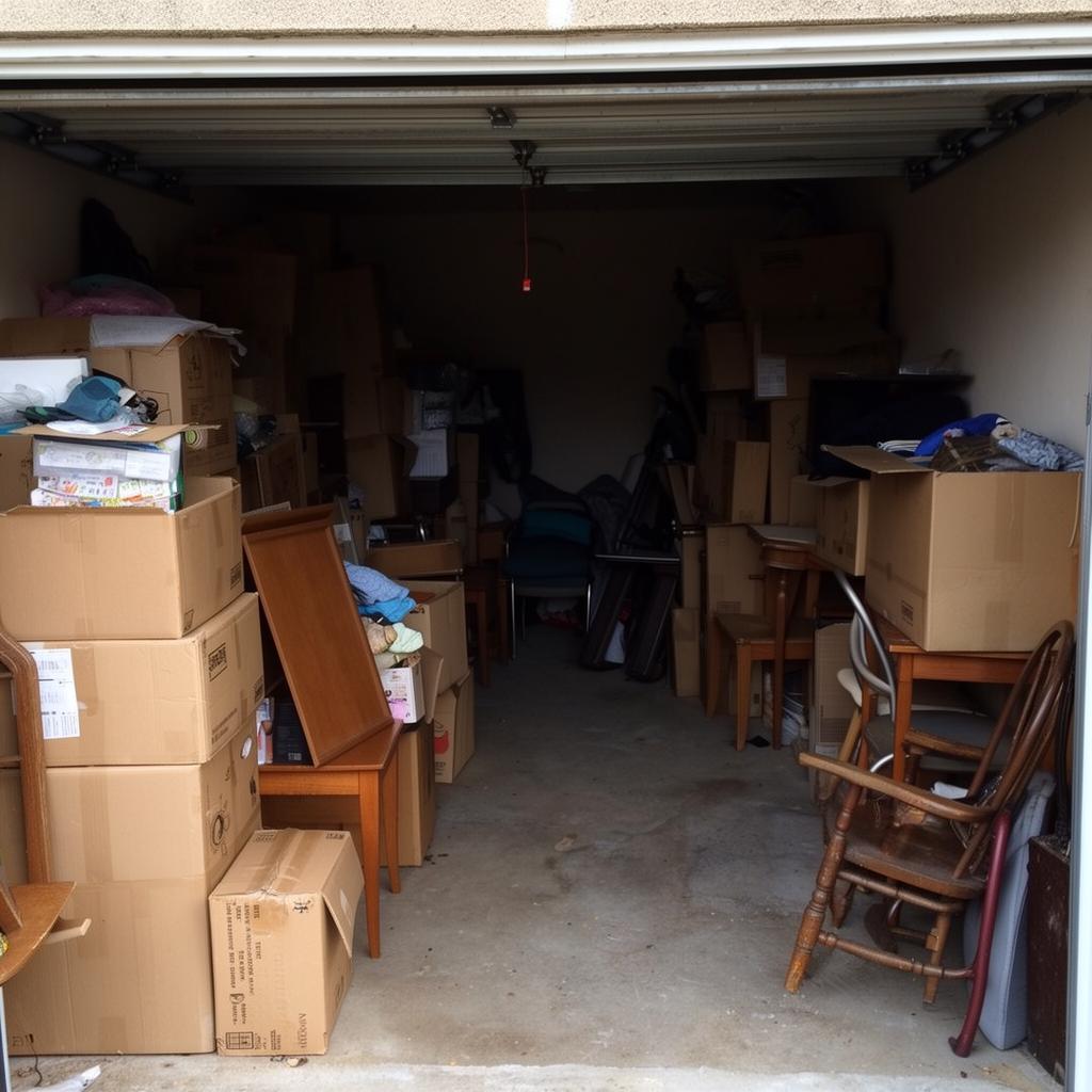 Garaje lleno de cajas y muebles acumulados sin uso