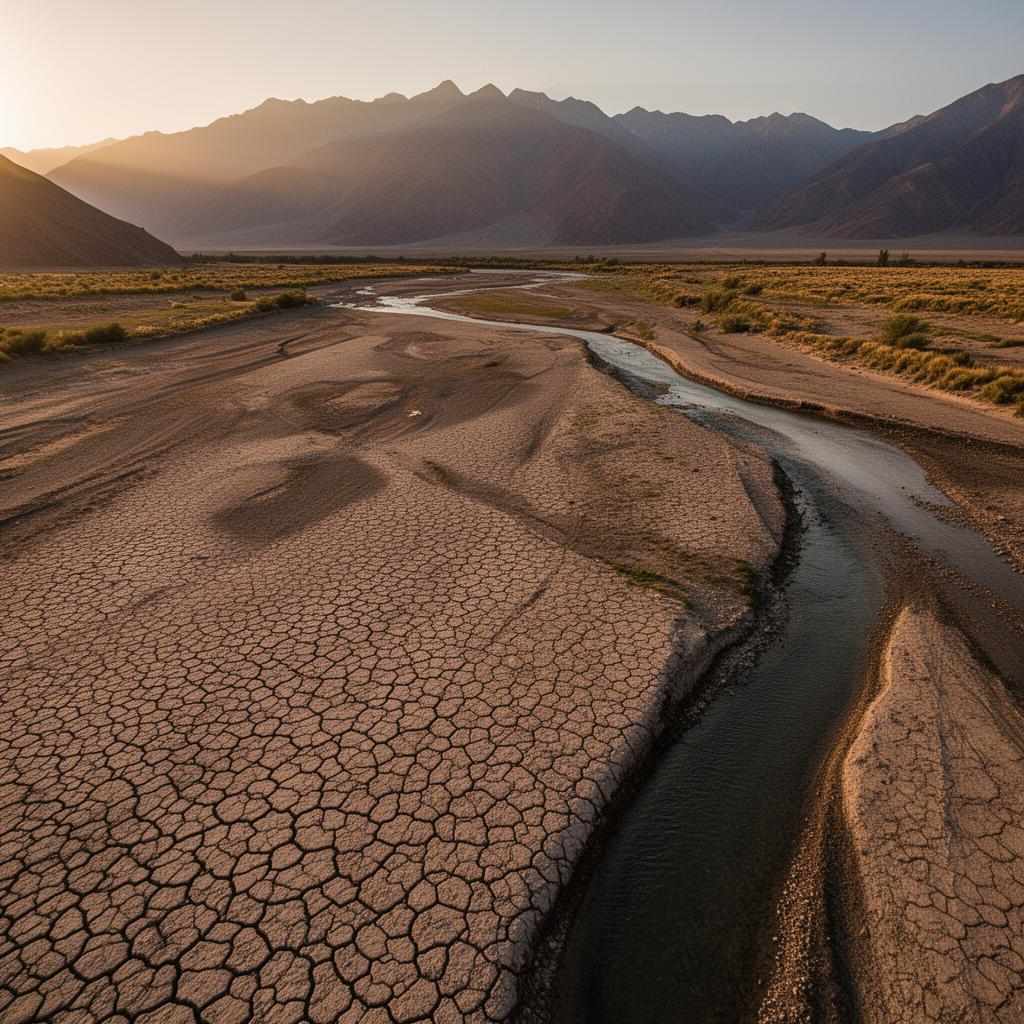 Cauce de río seco y agrietado en Mendoza durante la crisis hídrica
