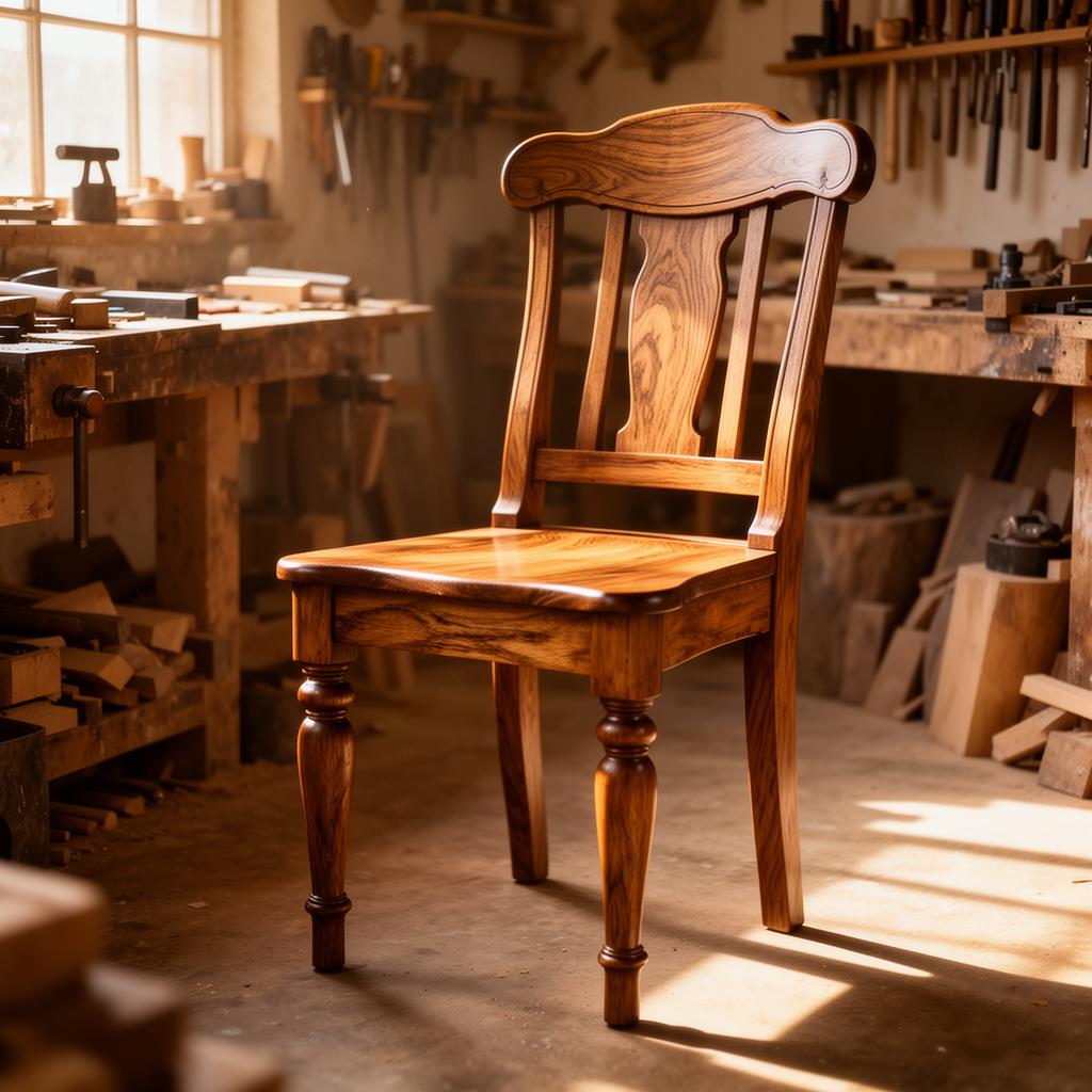 Silla de madera maciza restaurada en un taller de carpintería